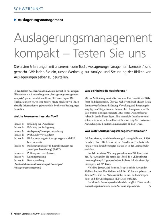 PoC 1/2019, Beitrag von Iris Hauptführer und Martin Hierlemann - Auslagerungsmanagement kompakt: Testen Sie uns