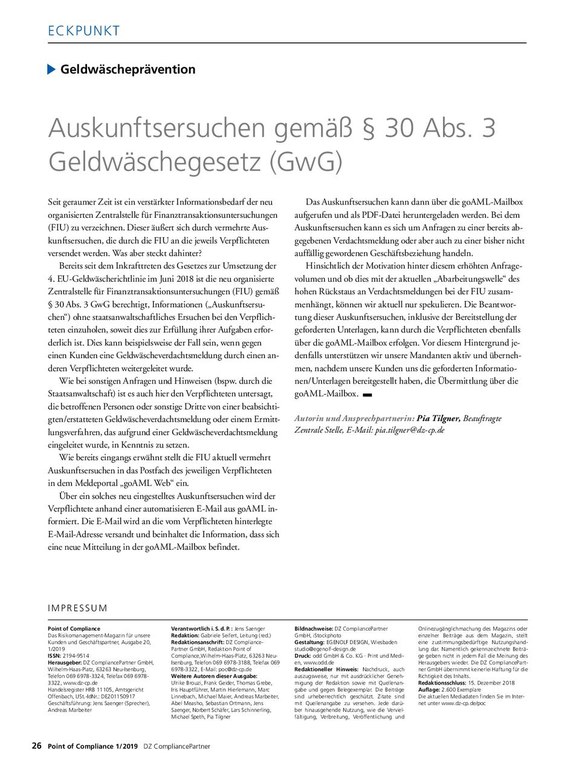 PoC 1/2019, Beitrag von Pia Tilgner - Auskunftersuchen nach § 30 Abs. 3 GwG