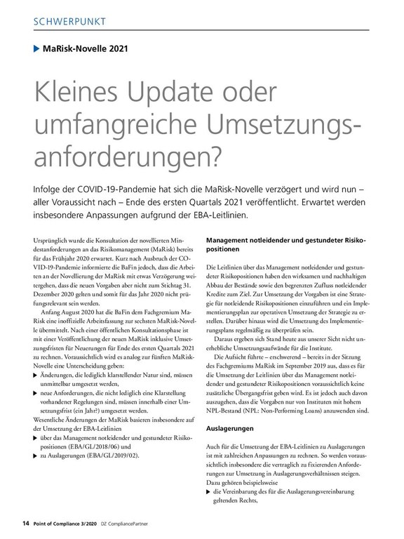 PoC 3 2020, Beitrag von Michael Maier: MaRisk - Kleines Update oder umfangreiche Umsetzungsanforderungen?