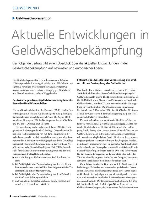 PoC 3 2020, Beitrag von Norbert Schäfer: Aktuelle Entwicklungen in der Geldwäschebekämpfung
