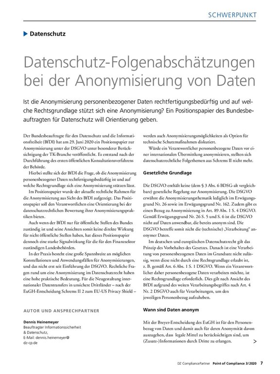 PoC 3 2020, Beitrag von Dennis Heinemeyer: Datenschutz-Folgenabschätzungen bei der Anonymisierung von Daten