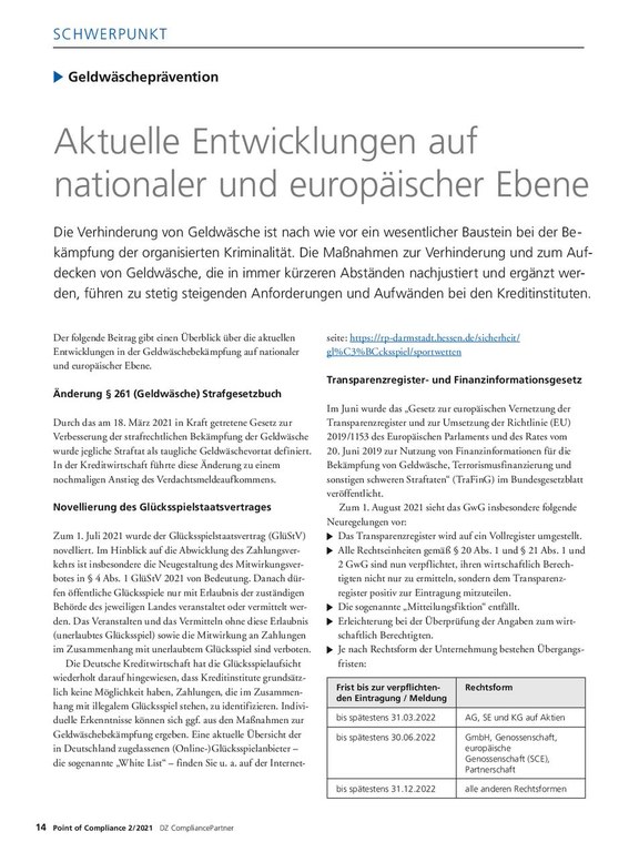 PoC 2 2021, Beitrag von Thomas Schröder: Aktuelle Entwicklungen auf  nationaler und europäischer Ebene in der Geldwäscheprävention