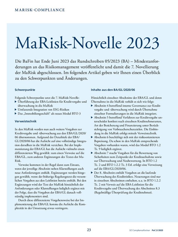 PoC 2 2023, Beitrag von Axel Hofmeister, Silke Lenhart und Jörg Scharditzky: MaRisk-Novelle 2023