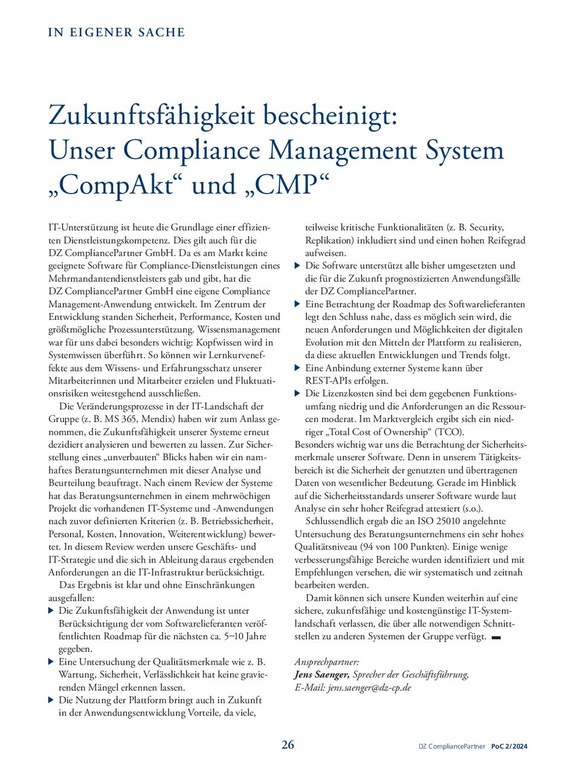 PoC 2 2024, Beitrag von Jens Saenger: Zukunftsfähigkeit bescheinigt: Unser Compliance Management System "CompAkt" und "CMP"