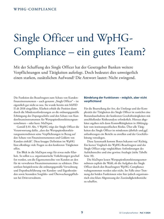 PoC 1 2024, Beitrag von Marina Waidelich: Single Officer und WpHG-Compliance - ein gutes Team?