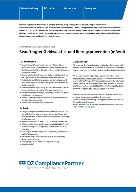 Beauftragter Geldwäsche- und Betrugsprävention (m/w/d)